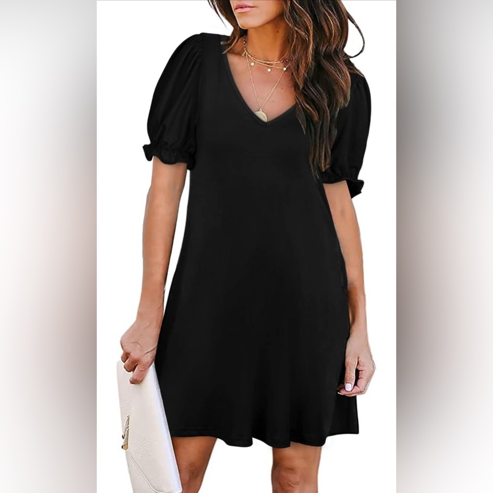 NEW Black Casual Dresses Short Sleeve V-Neck Dress with Pockets XL